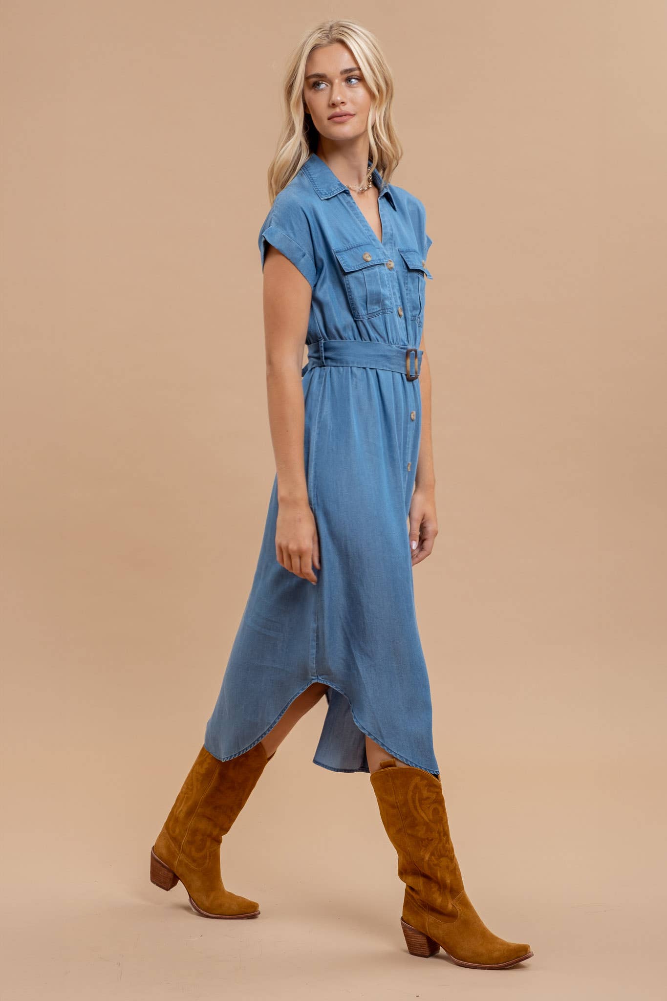 Blu Pepper - CHAMBRAY COLLARED BUTTON DOWN BELTED MIDI DRESS