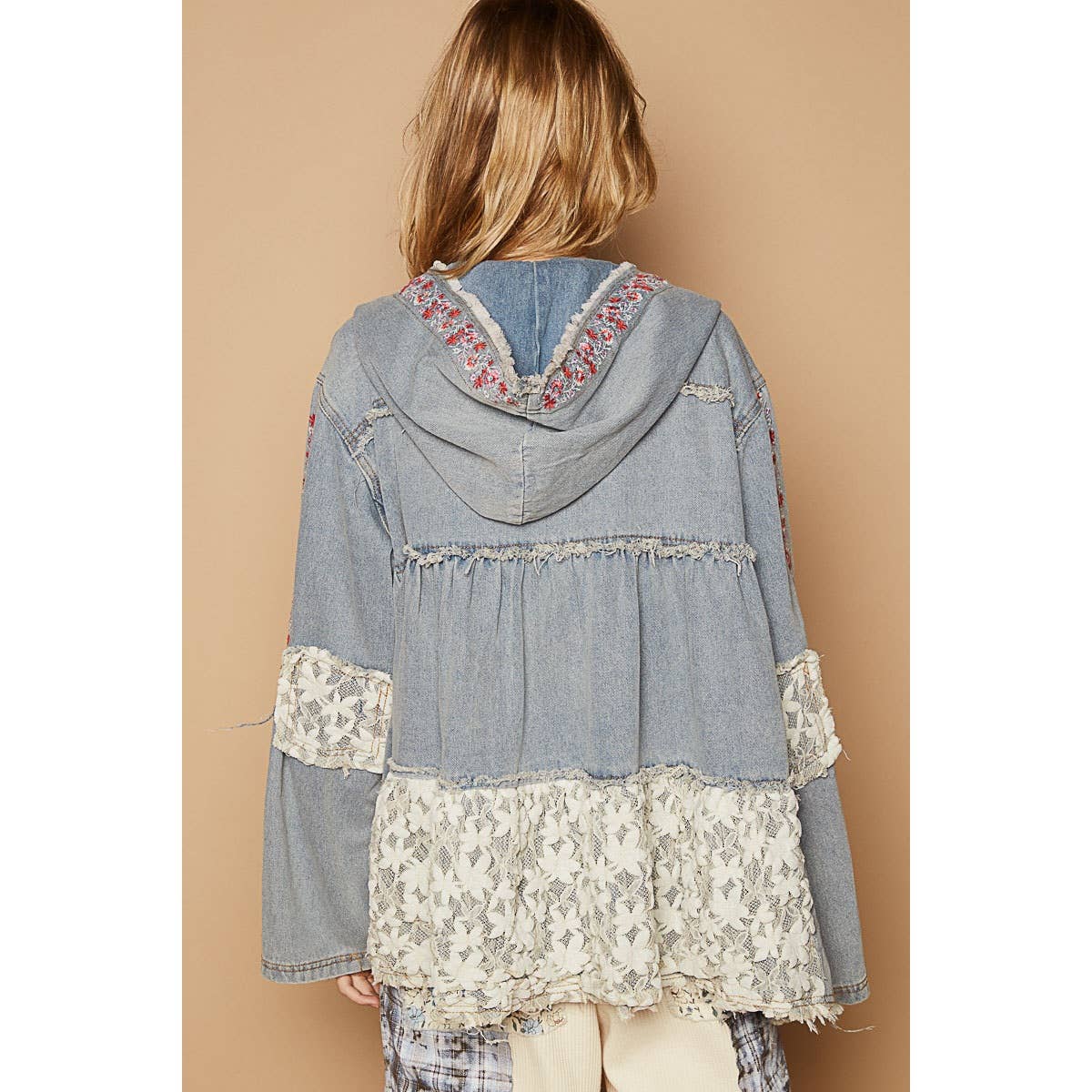 Pol Clothing - Vintage washed embroidery lace patch zipper jacket SALE