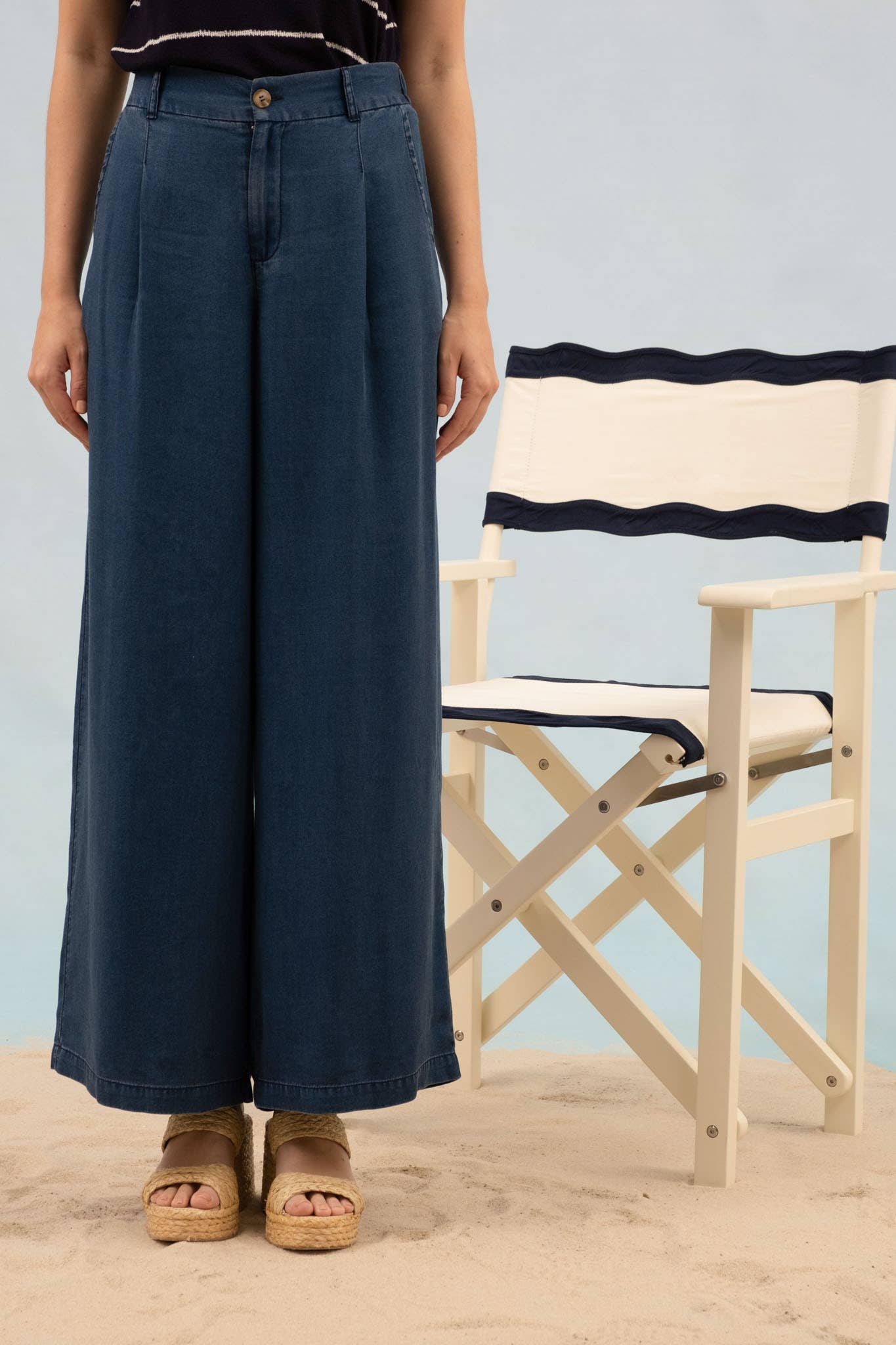 Blu Pepper - DARK CHAMBRAY PINTUCK DETAIL WIDE LEG PANTS