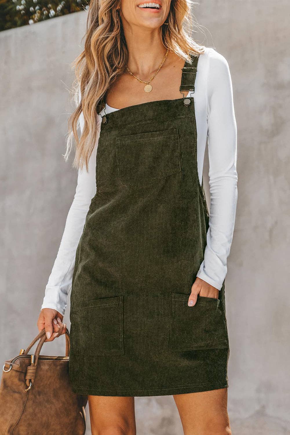 Lovesoft - Solid Front Pockets Sleeveless Corduroy Overall Dress