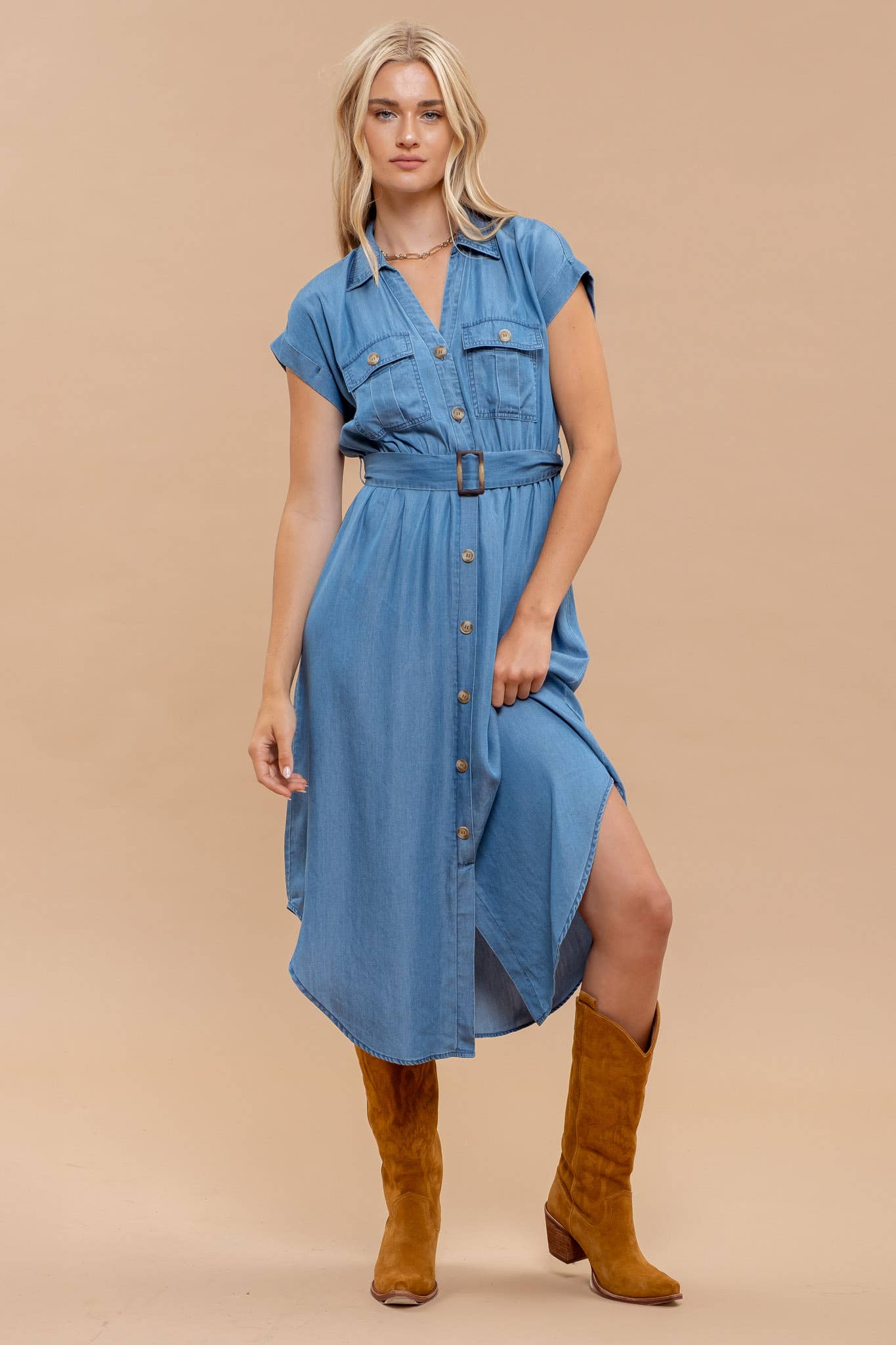 Blu Pepper - CHAMBRAY COLLARED BUTTON DOWN BELTED MIDI DRESS