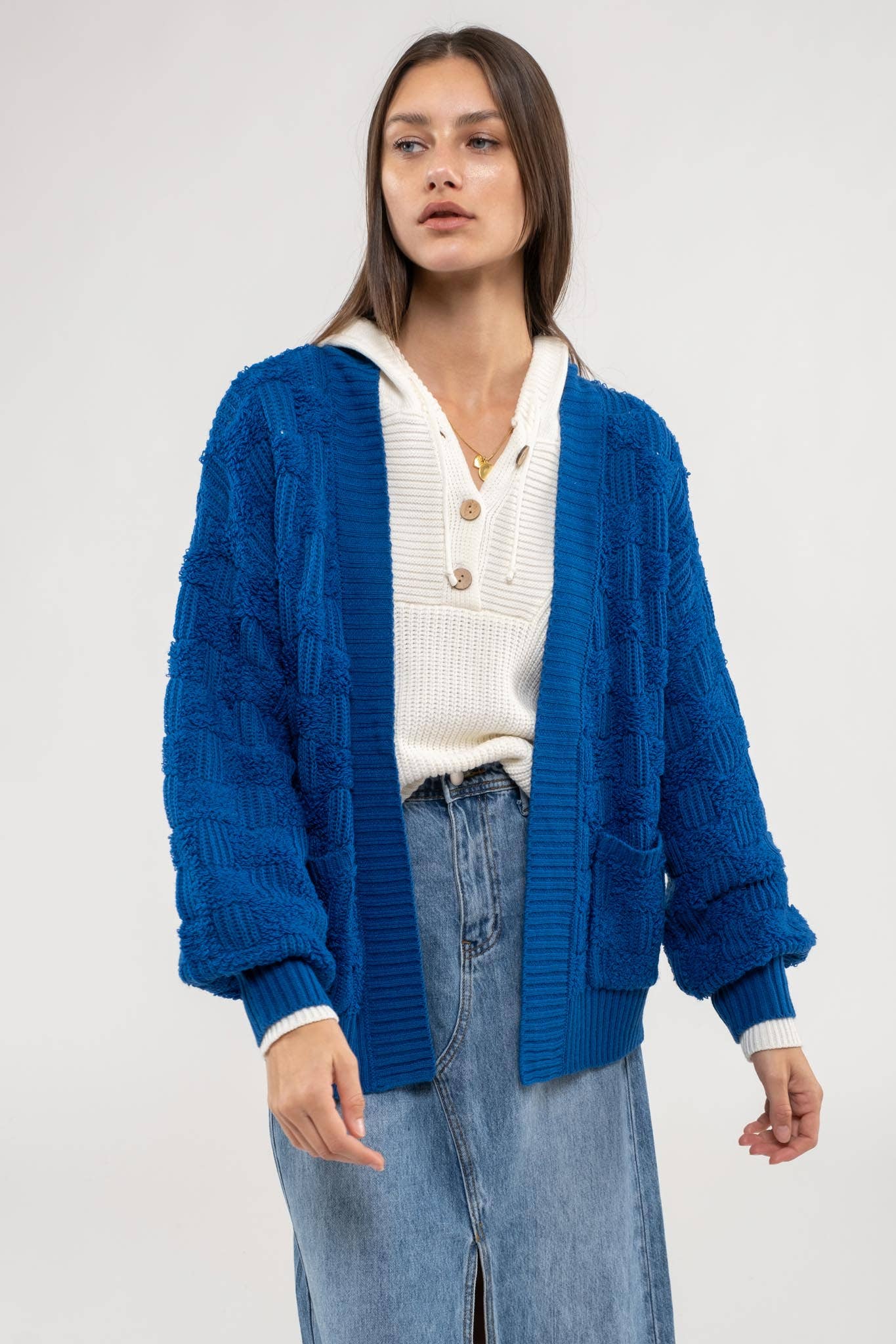 Blu Pepper - CHECKERED TEXTURED KNIT CARDIGAN