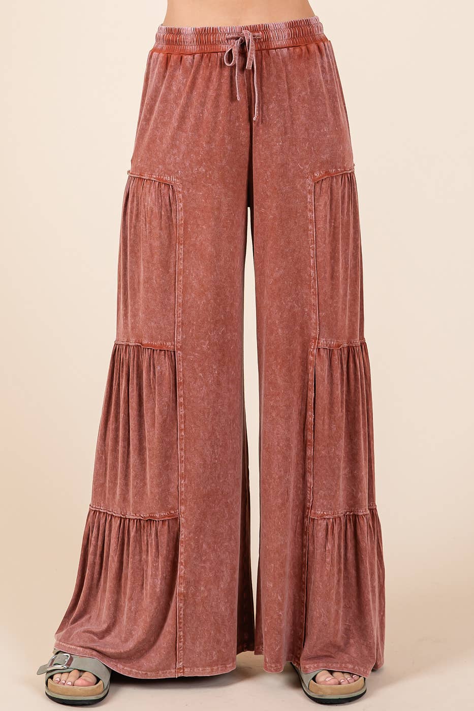 mittoshop - MINERAL WASH TIERED WIDE LEG ELASTIC WAIST PANTS