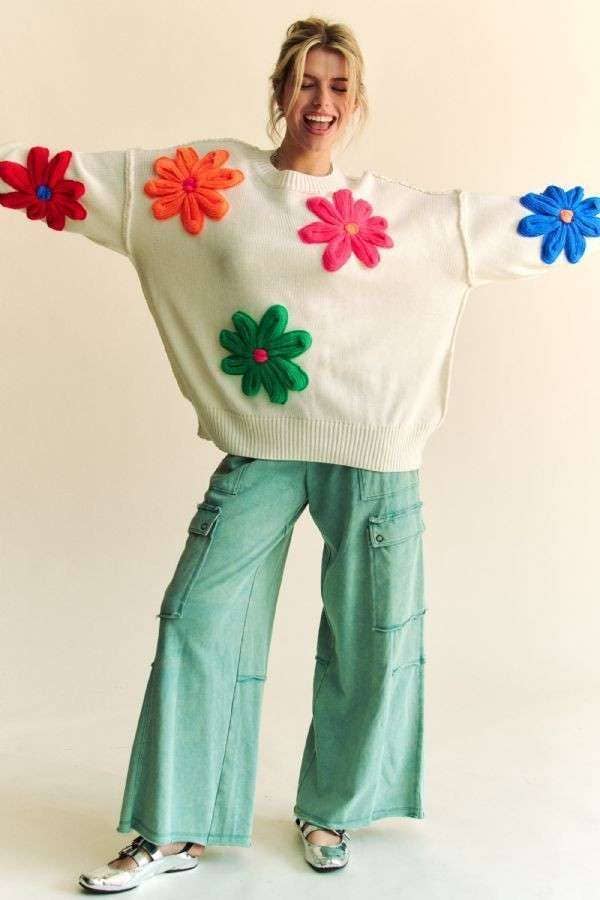 MULTI COLOR KNIT FLORAL PATCHED LOOSE FIT SWEATER