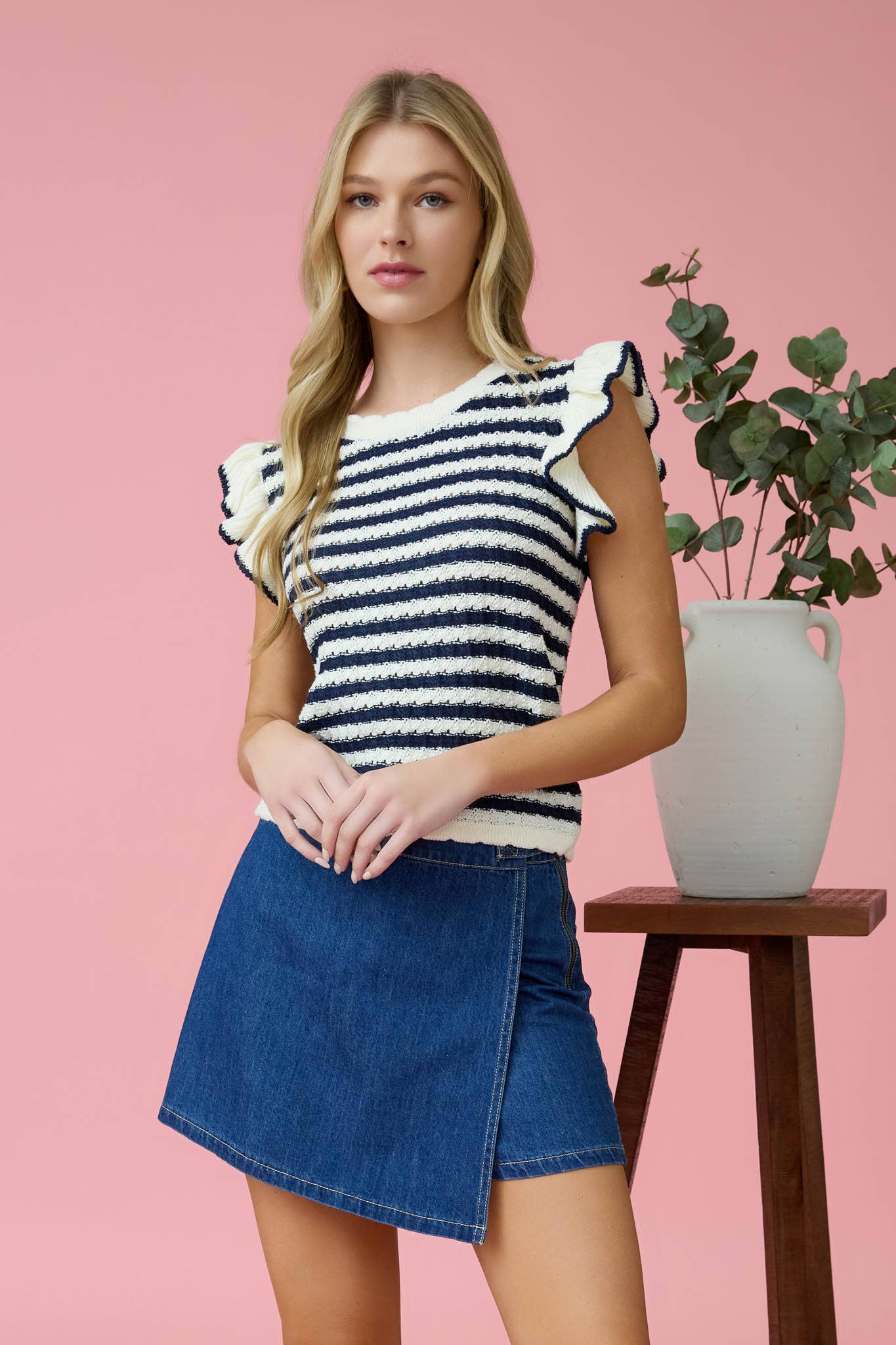 Blu Pepper - STRIPE SHORT RUFFLE SLEEVE SWEATER KNIT TOP