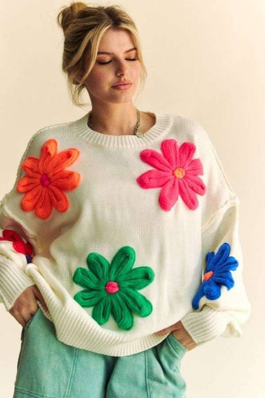 MULTI COLOR KNIT FLORAL PATCHED LOOSE FIT SWEATER