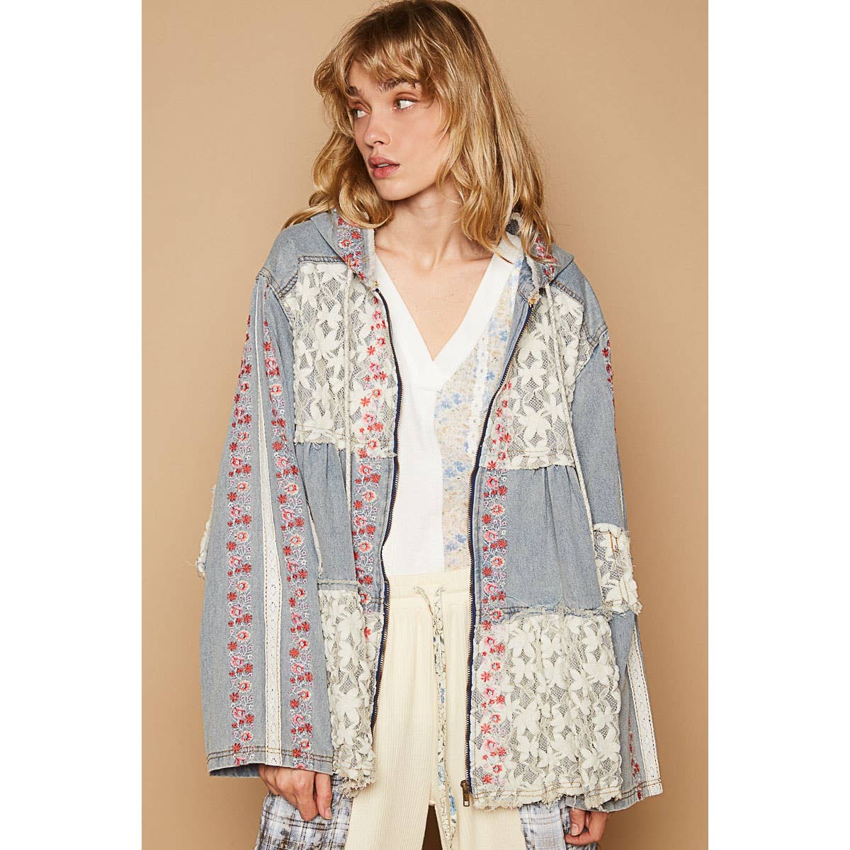 Pol Clothing - Vintage washed embroidery lace patch zipper jacket SALE