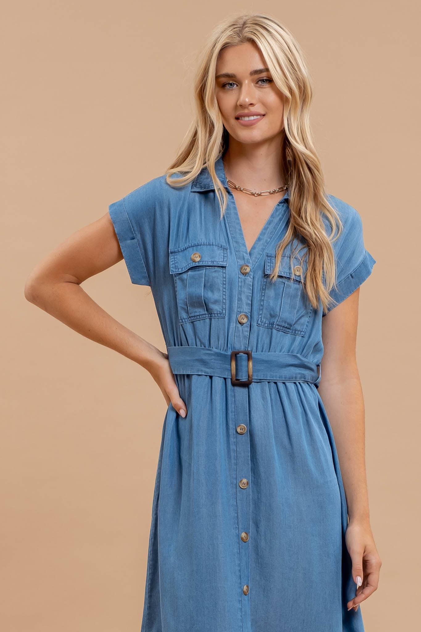 Blu Pepper - CHAMBRAY COLLARED BUTTON DOWN BELTED MIDI DRESS