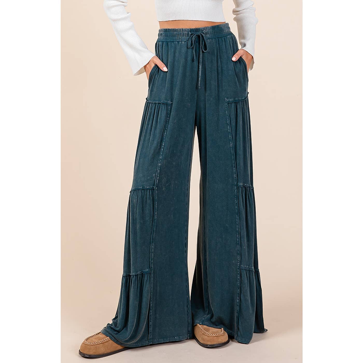 mittoshop - MINERAL WASH TIERED WIDE LEG ELASTIC WAIST PANTS