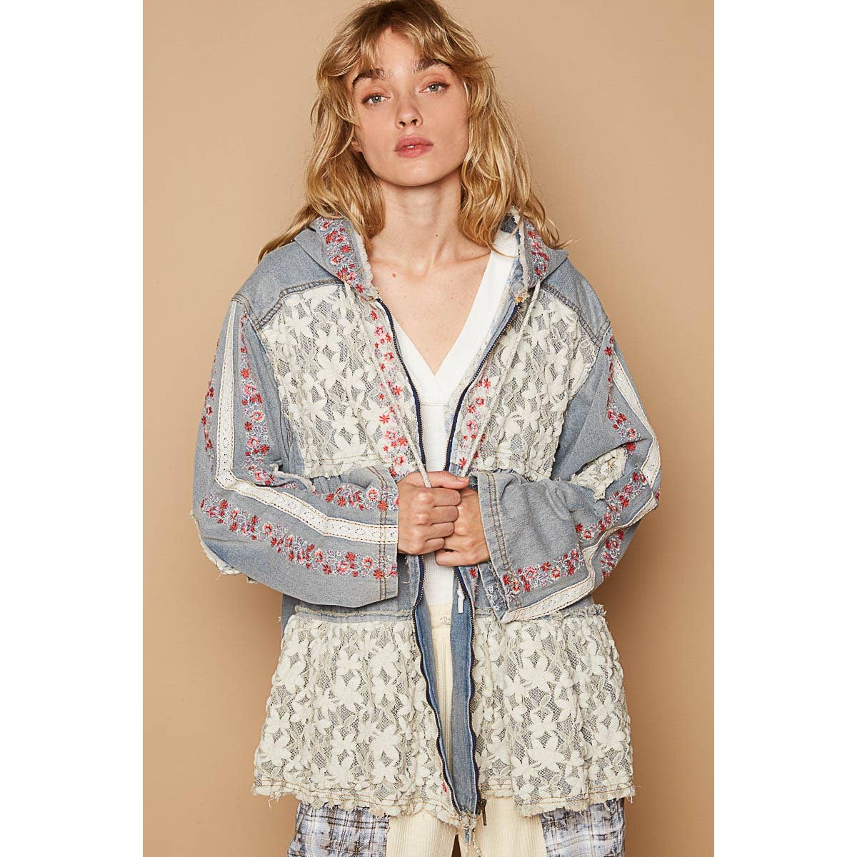 Pol Clothing - Vintage washed embroidery lace patch zipper jacket SALE