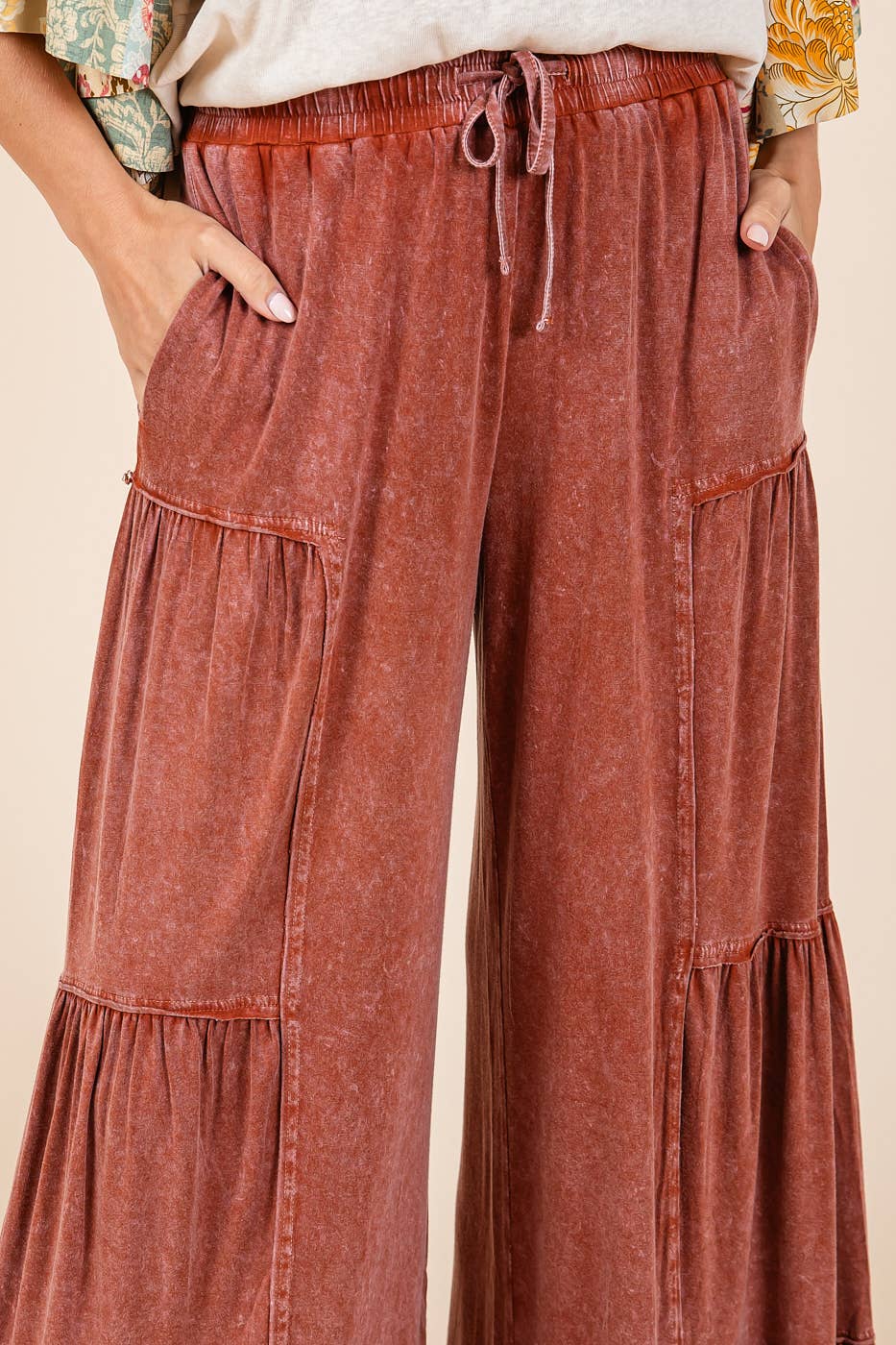 mittoshop - MINERAL WASH TIERED WIDE LEG ELASTIC WAIST PANTS