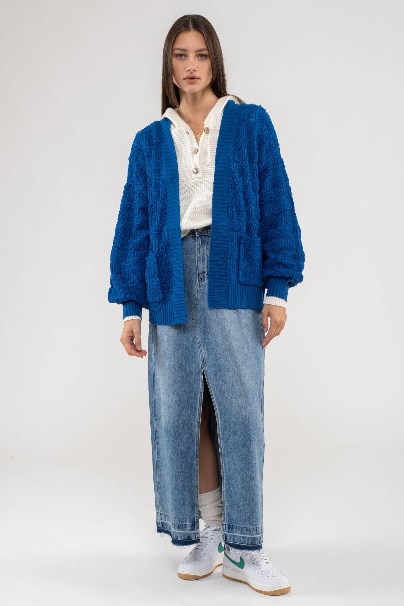 Blu Pepper - CHECKERED TEXTURED KNIT CARDIGAN