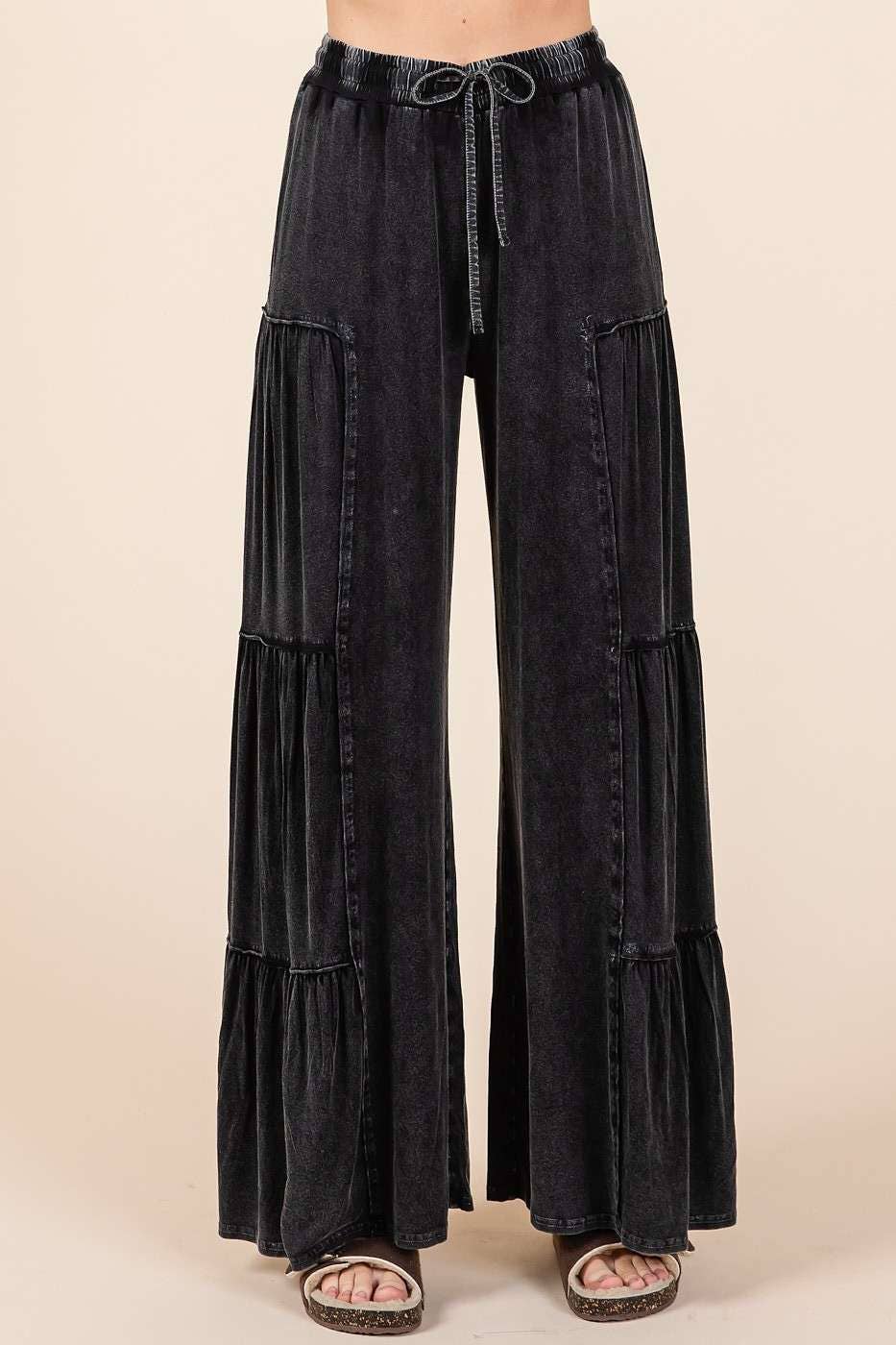 mittoshop - MINERAL WASH TIERED WIDE LEG ELASTIC WAIST PANTS