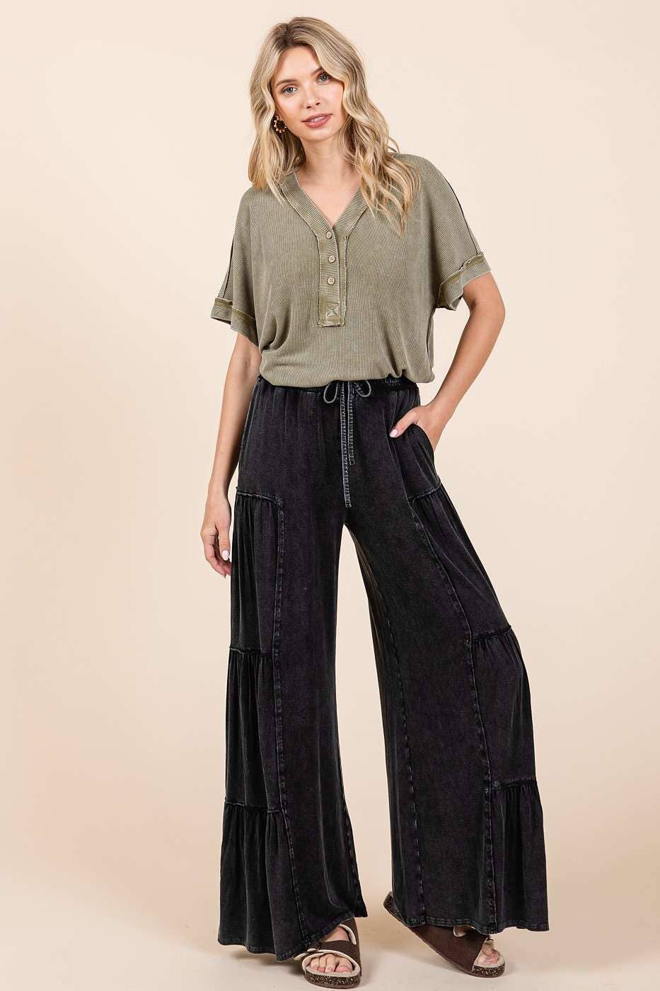 mittoshop - MINERAL WASH TIERED WIDE LEG ELASTIC WAIST PANTS