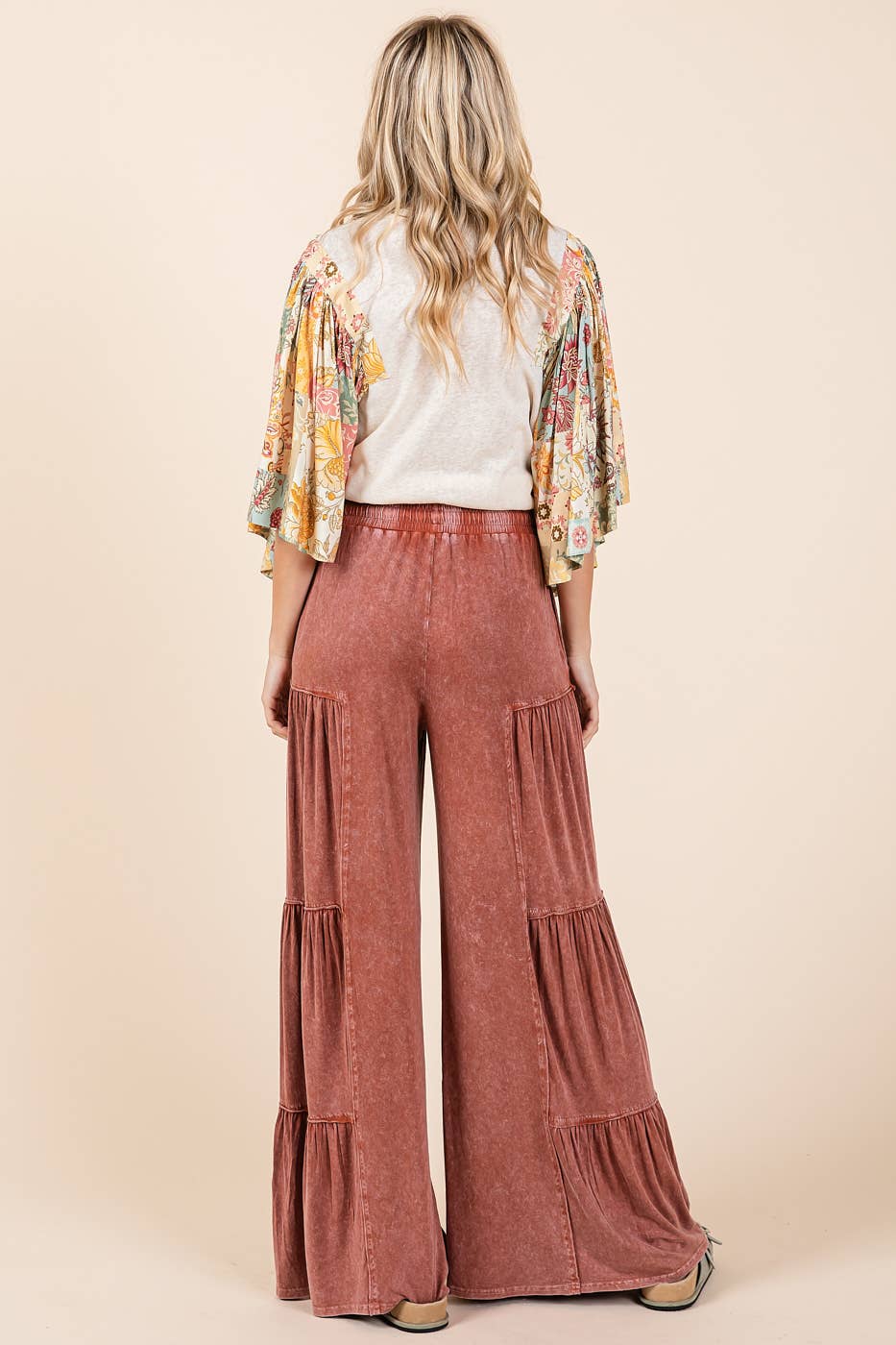 mittoshop - MINERAL WASH TIERED WIDE LEG ELASTIC WAIST PANTS