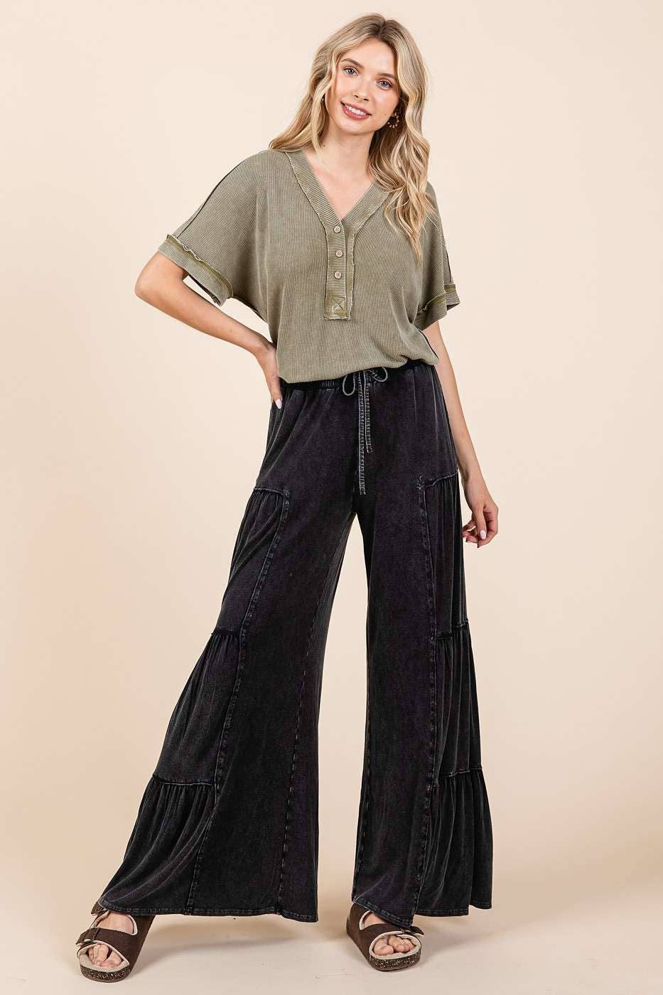 mittoshop - MINERAL WASH TIERED WIDE LEG ELASTIC WAIST PANTS