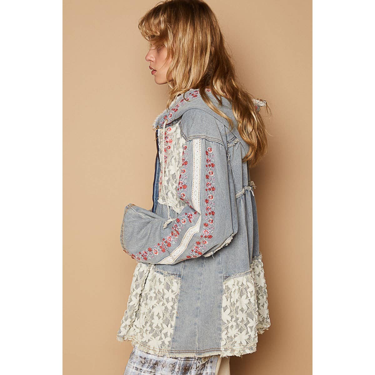 Pol Clothing - Vintage washed embroidery lace patch zipper jacket SALE