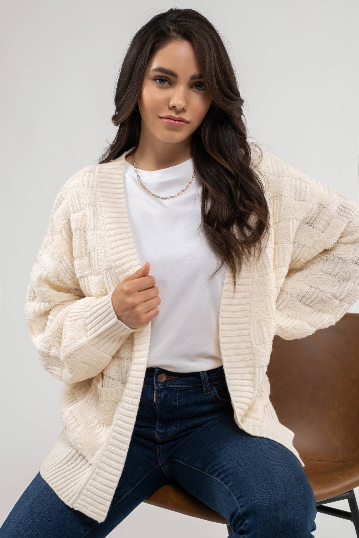 Blu Pepper - CHECKERED TEXTURED KNIT CARDIGAN