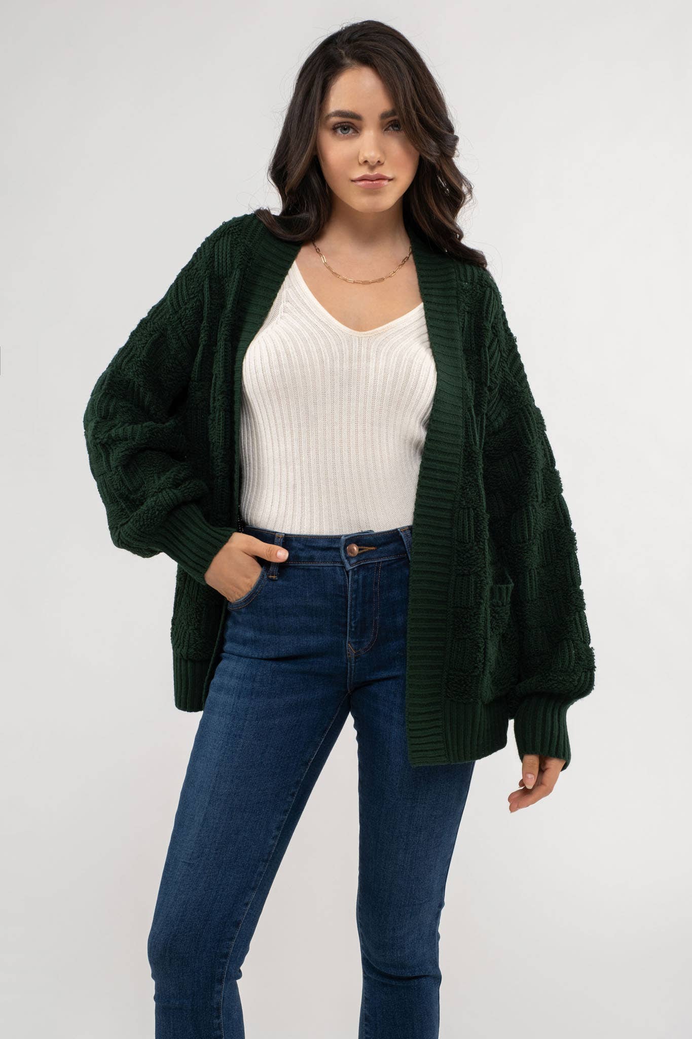 Blu Pepper - CHECKERED TEXTURED KNIT CARDIGAN