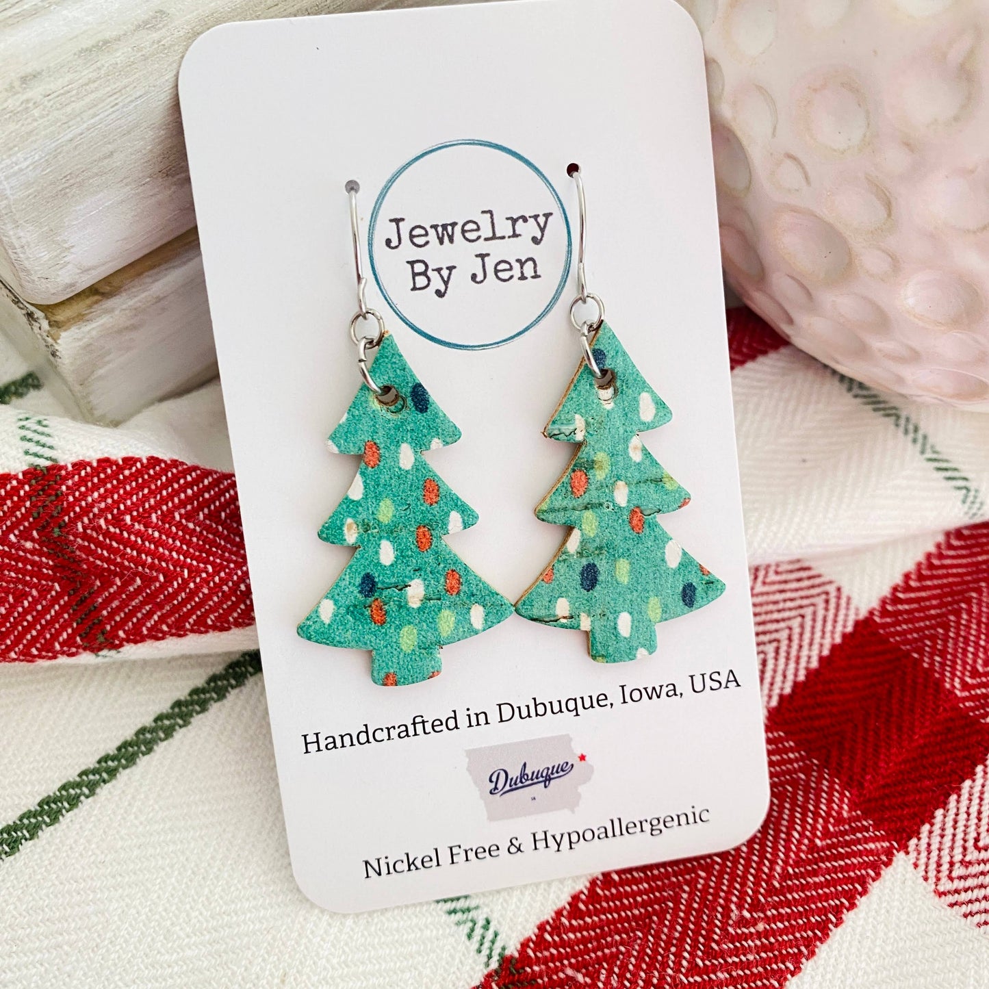 Christmas Tree Earrings: Green w/Dots