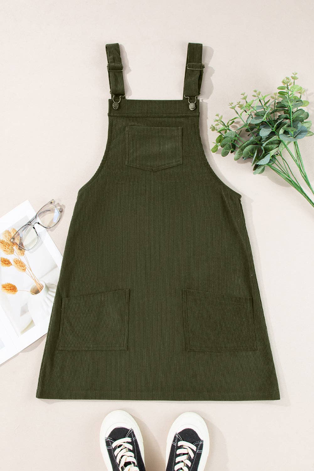 Lovesoft - Solid Front Pockets Sleeveless Corduroy Overall Dress