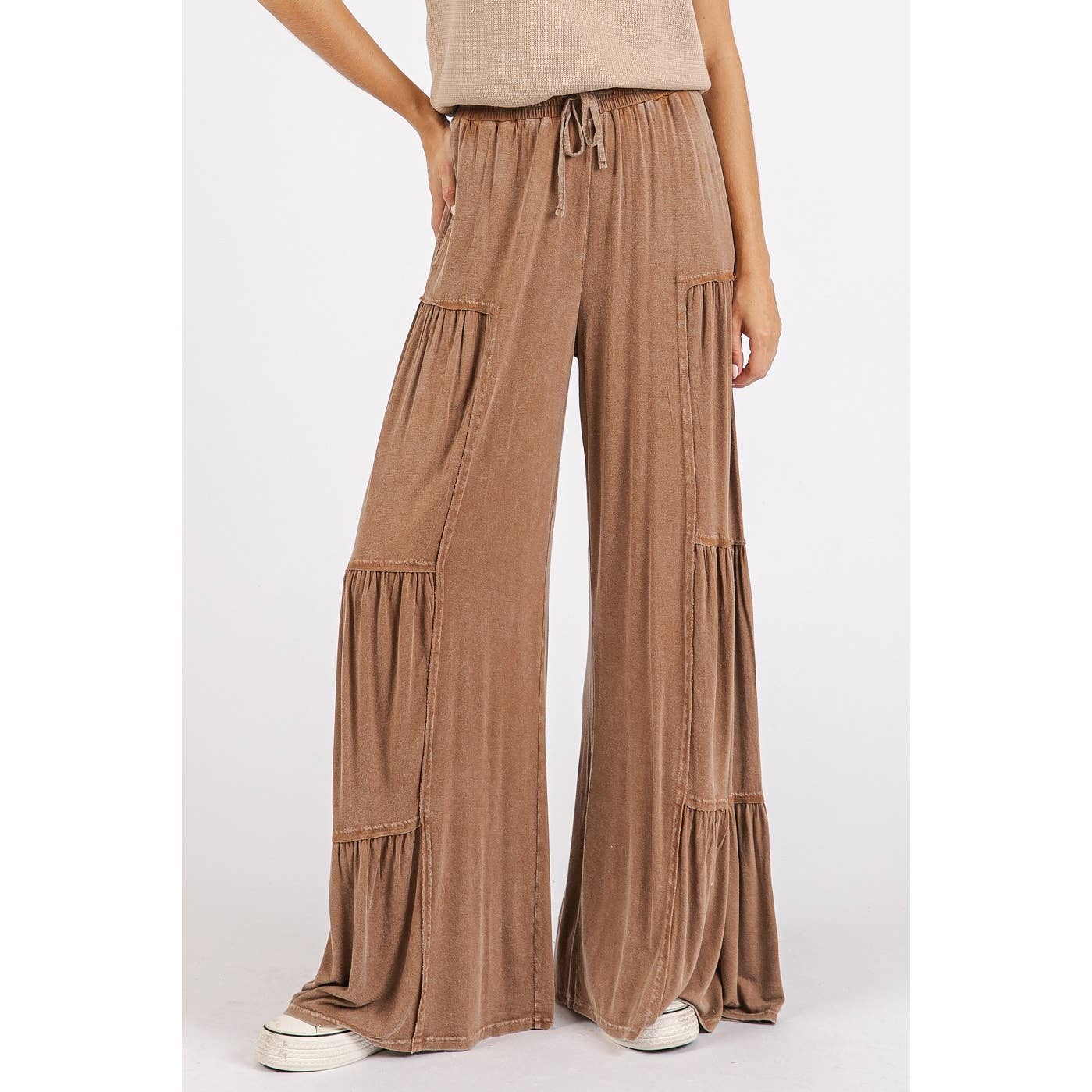 mittoshop - MINERAL WASH TIERED WIDE LEG ELASTIC WAIST PANTS