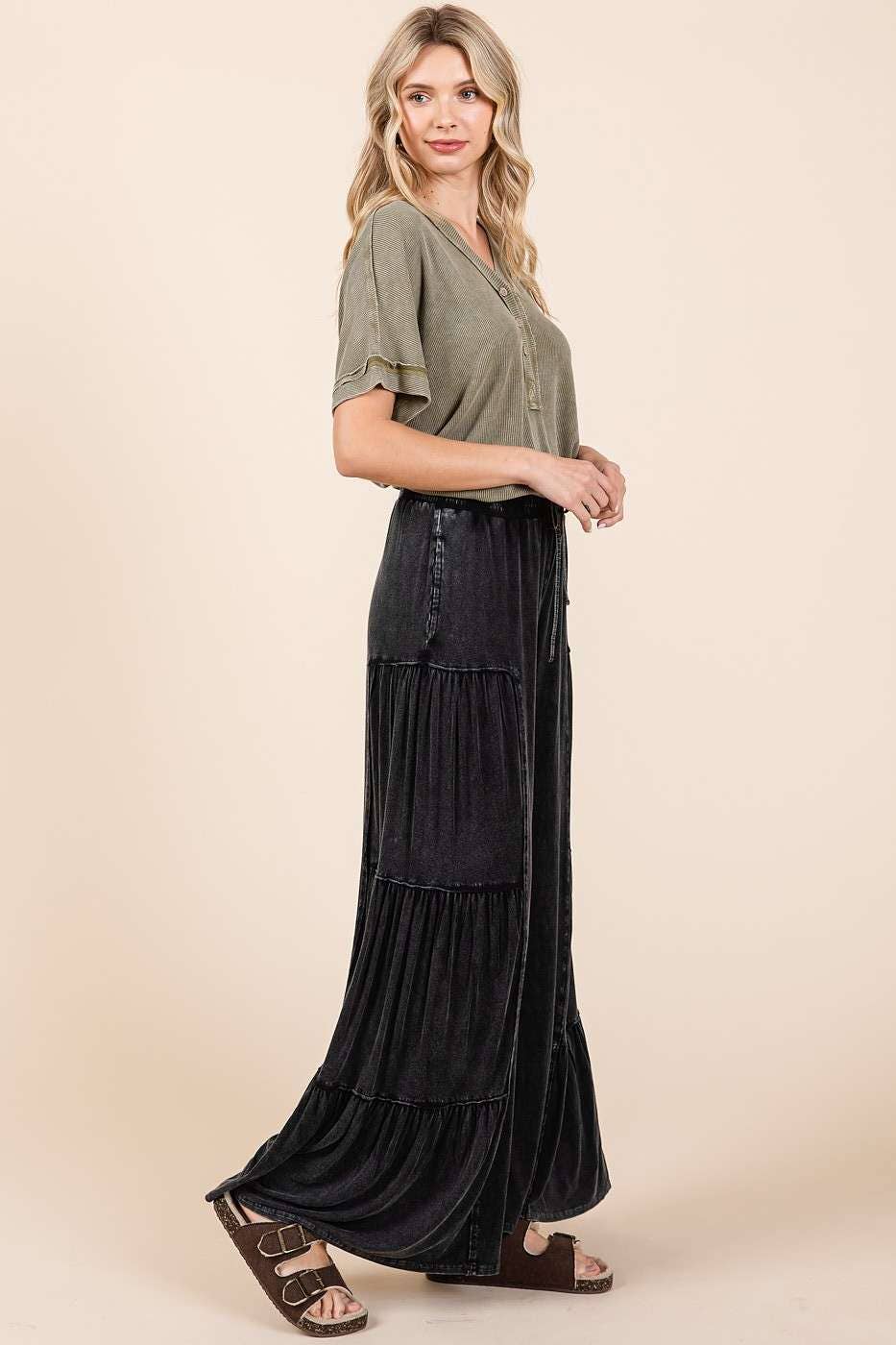 mittoshop - MINERAL WASH TIERED WIDE LEG ELASTIC WAIST PANTS