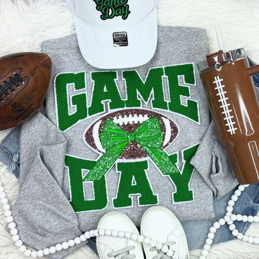 Green Chenille Football Game Day with Sequin Bow Patch Grey