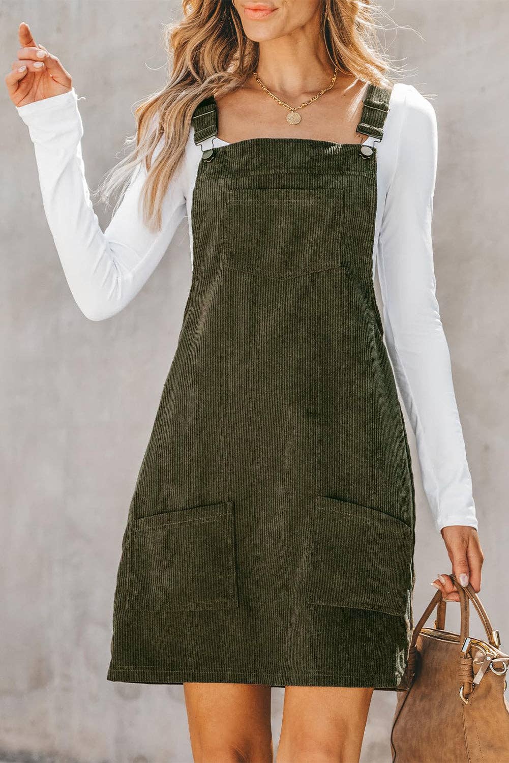 Lovesoft - Solid Front Pockets Sleeveless Corduroy Overall Dress