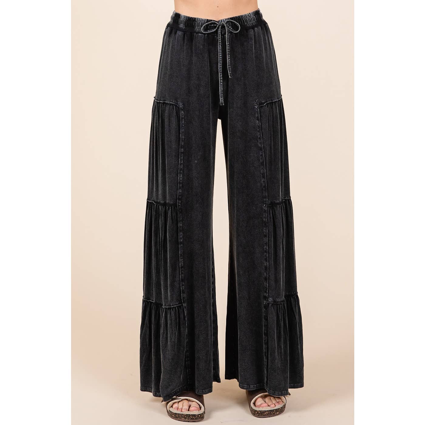 mittoshop - MINERAL WASH TIERED WIDE LEG ELASTIC WAIST PANTS