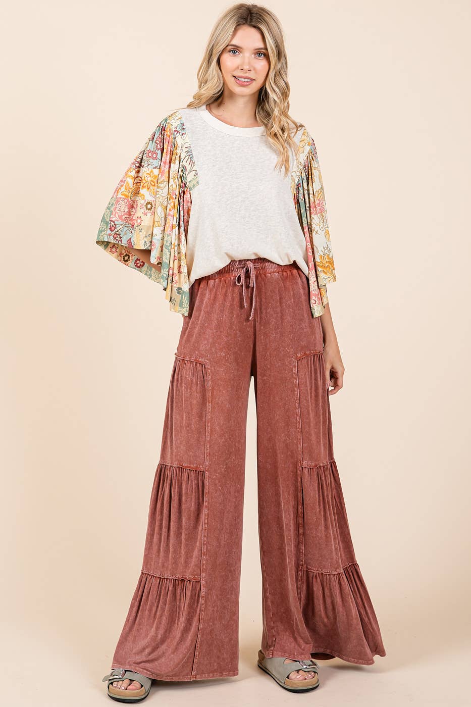 mittoshop - MINERAL WASH TIERED WIDE LEG ELASTIC WAIST PANTS