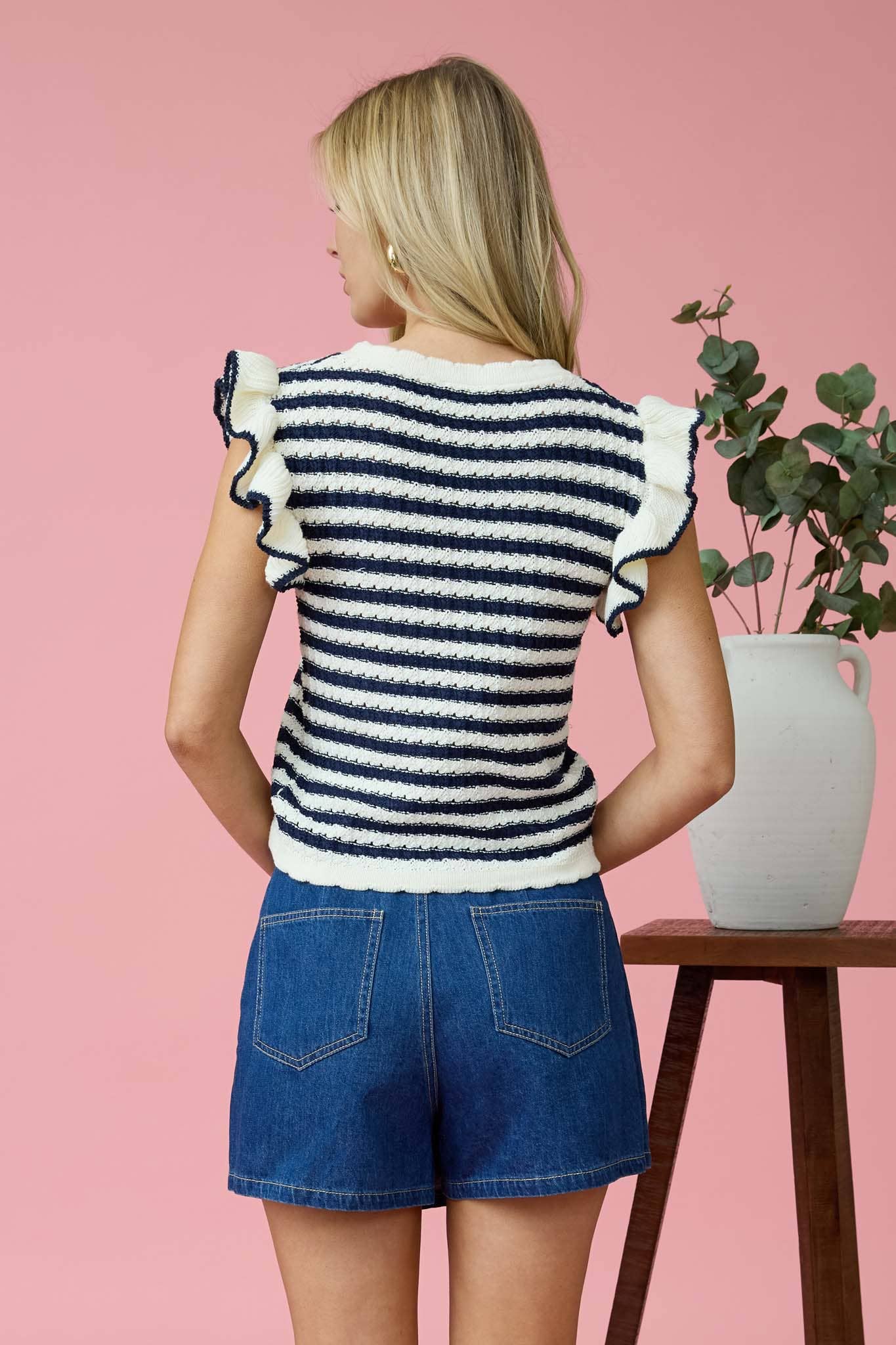 Blu Pepper - STRIPE SHORT RUFFLE SLEEVE SWEATER KNIT TOP