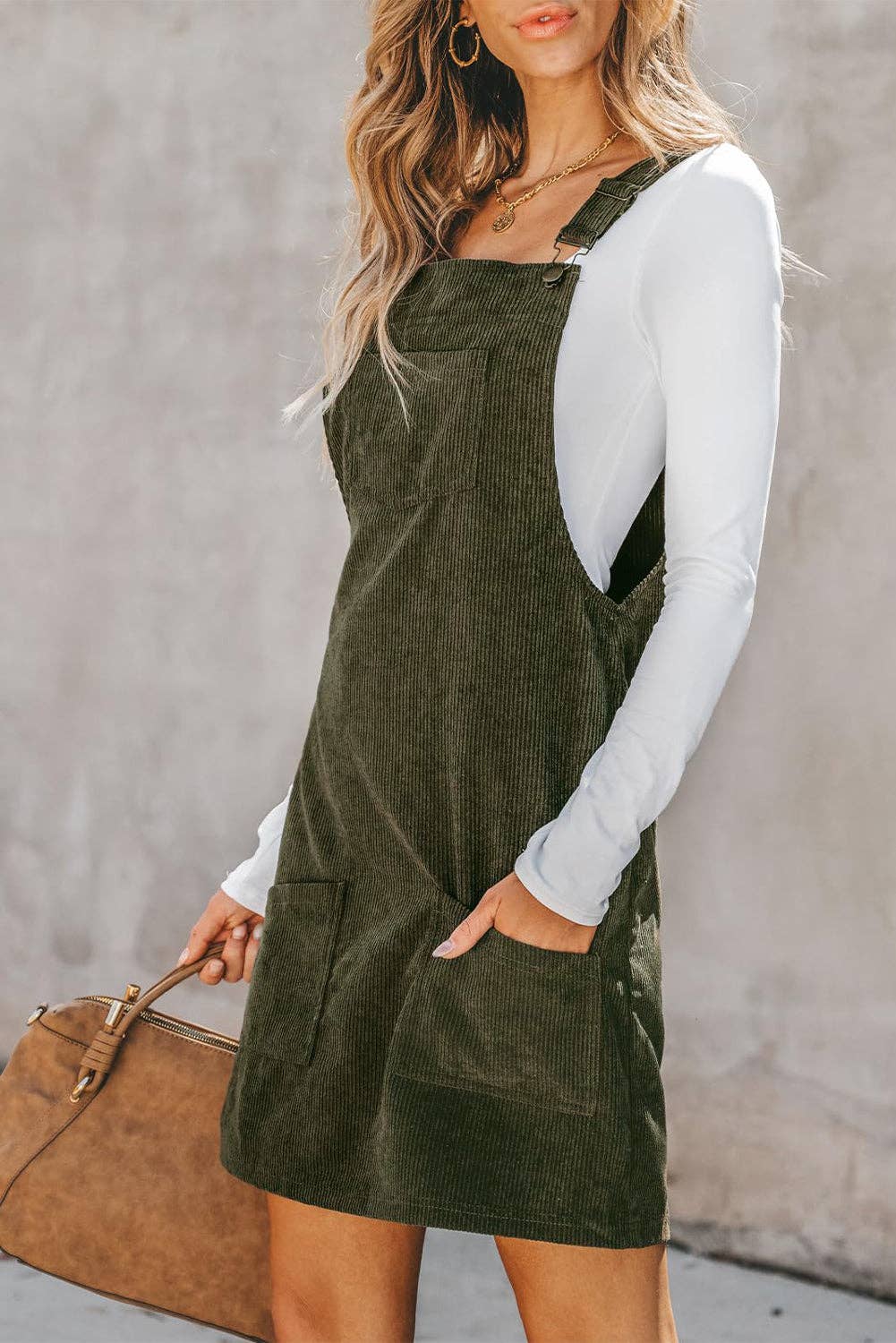 Lovesoft - Solid Front Pockets Sleeveless Corduroy Overall Dress